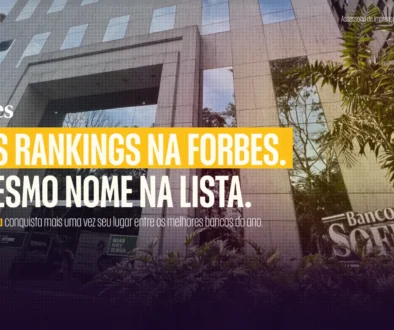 Fachada do Banco Sofisa com logotipo da Forbes e texto "Três rankings na Forbes. O mesmo nome na lista." — reconhecimento do Banco Sofisa como um dos 10 melhores bancos do Brasil em 2026
